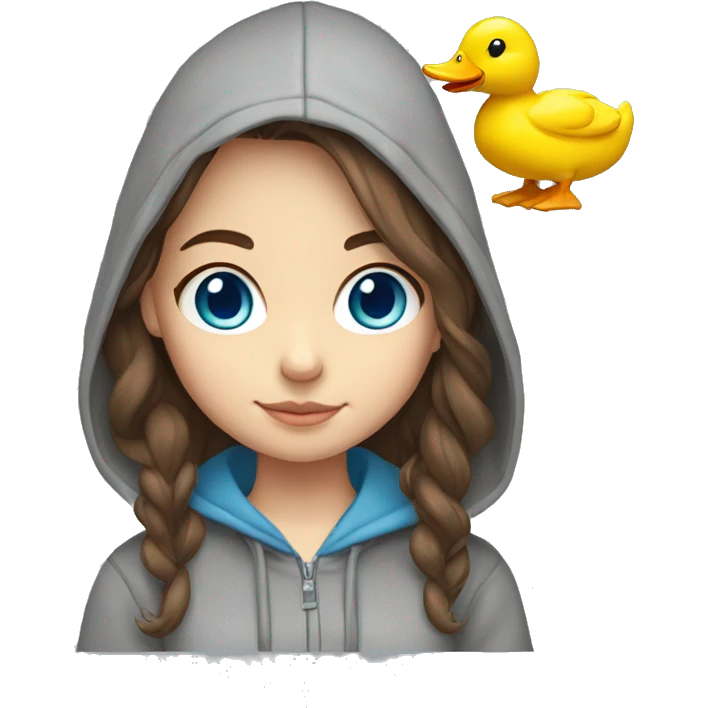 cute girl with brown hair, blue eyes grey hoodie, and a ducky hair clip emoji