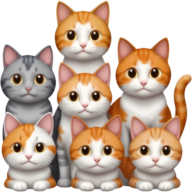 6 cats with different coloured coats, 2 are grey and white, 1 is grey with a little white, 1 calico, 1 brown tabby and white and one ginger and white emoji