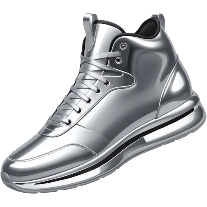 A pair of futuristic sneakers emoji made of silver chrome, sleek streetwear design, smooth metallic panels, subtle reflections, luxury swag aesthetic, iOS emoji style, centered, clean white background emoji