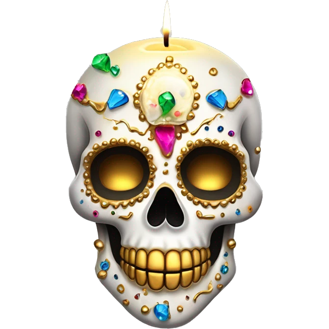 Realistic white sugar skull decorated with colorful rhinestones with a tall metallic gold candle on top of its head dripping down melted metallic gold wax down the skull emoji