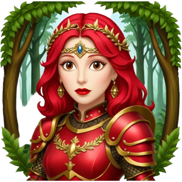 realistic cinematic actress Cher in baroque styling with crimson armor in a forest emoji