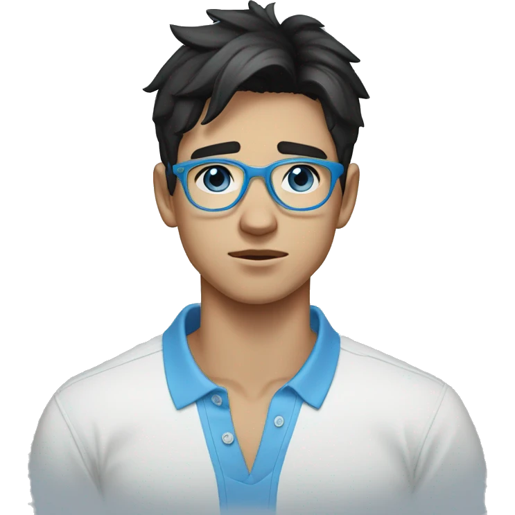 young man crying, 20 years old, with black hair, blue eyes and light blue round glasses, white polo shirt with blue collar emoji
