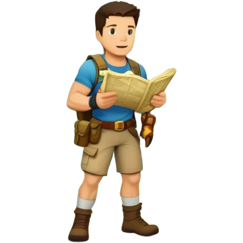Icon for Adventure Movie: Mark Wahlberg in a jungle setting, holding a treasure map and surrounded by adventure gear. Behind him, ancient ruins rise through the dense foliage. Exciting, action-packed atmosphere with vivid jungle details. Transparent background. emoji