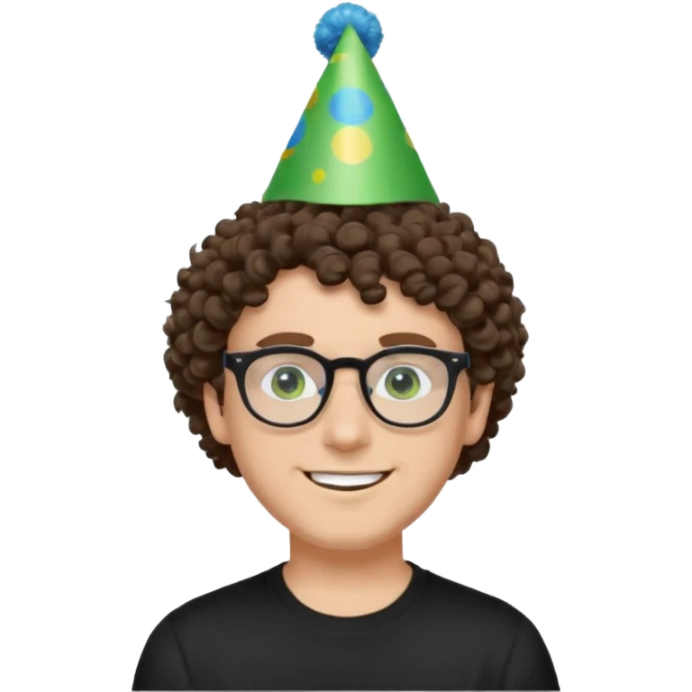 A white guy with curly brown hair and green eyes with a happy face, and wear square black glasses.He’s also got a full silver birthday party hat on his head with blue pom poms on top of it, and his T-shirt is all black, he wears a little gold circle earrings on his left  emoji