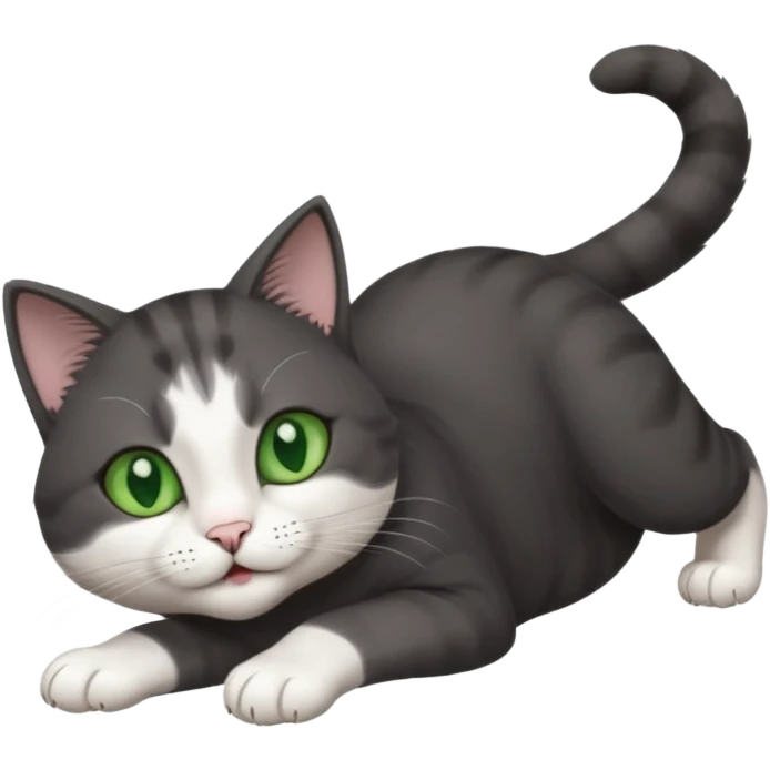 beautiful female solid dark grey cat with green eyes, white toes/paws and white patch on her chest playfully rolling upside down emoji