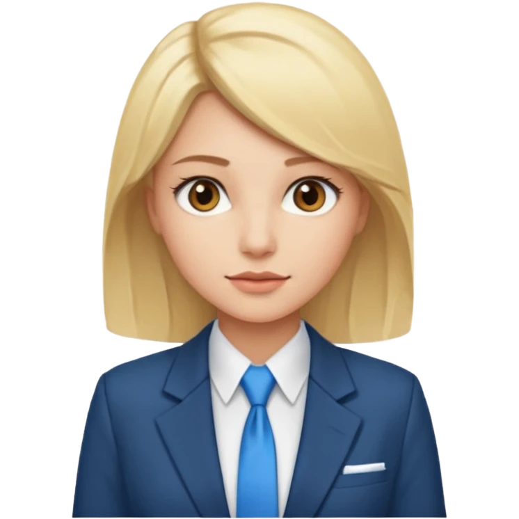 une femme blonde jolie avec des jolies traits avec une chemise blanche et une veste a manche longues et cravate bleu elle a les yeux marron emoji