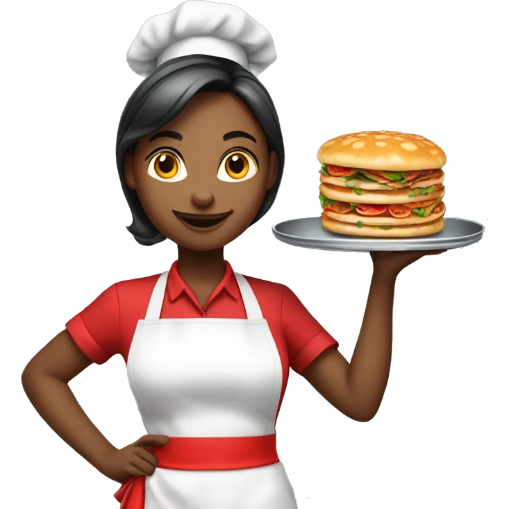 beautiful waitress in a red apron with a tray with food in a hand emoji