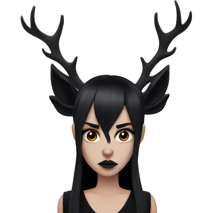 Portrait. Goth, deer girl. Wearing a black sleeveless dress with a choker. She has White antlers and deer ears. Long Black hair. She looks angry emoji