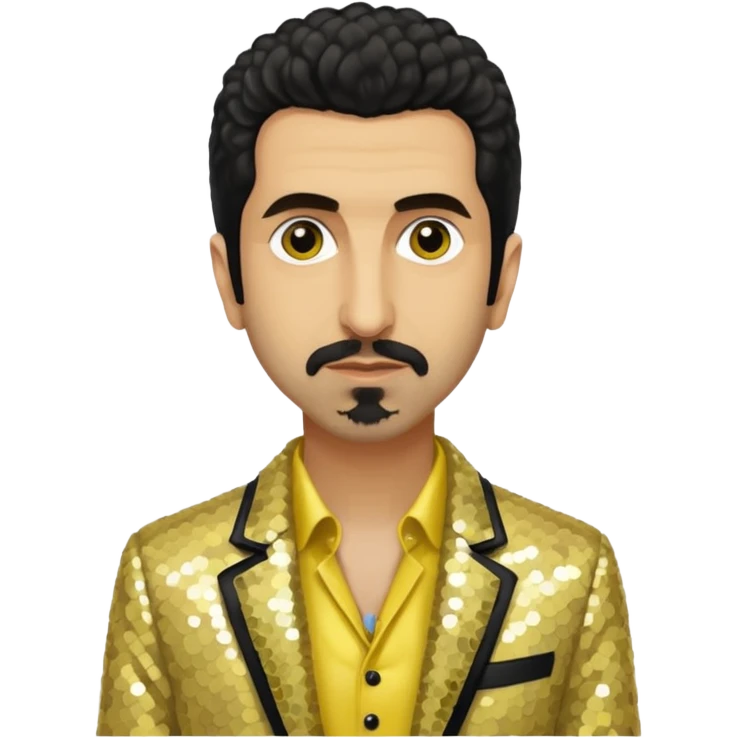 Serj Tankian with ivory sequin jacket, yellow shirt emoji