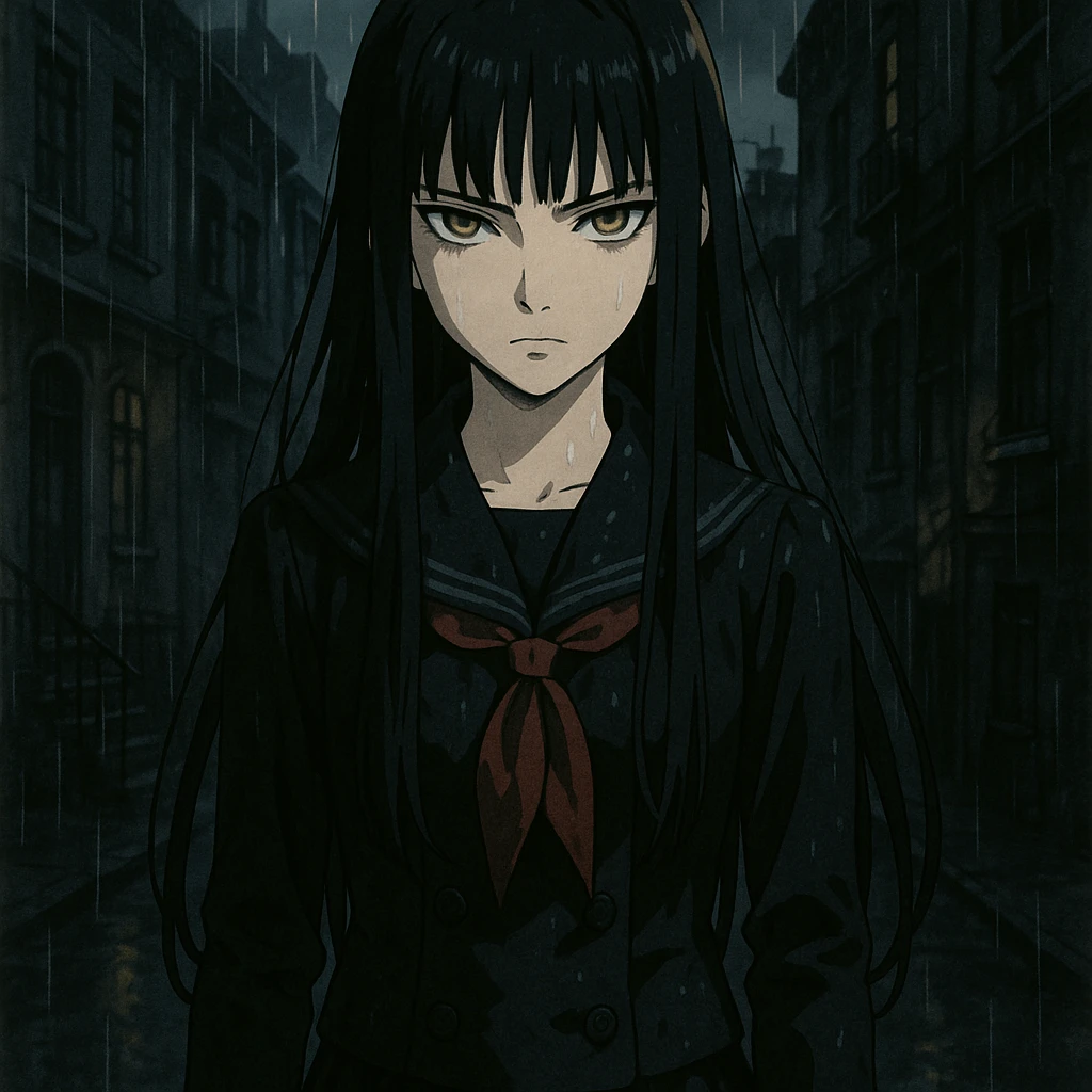 ultra-detailed anime girl with long straight black hair, sharp bangs, pale skin, amber green eyes, cold intense gaze, standing in the rain, cinematic lighting, wet dark school uniform, gloves, noir urban background, moody anime style, gothic shoujo, dramatic shadows emoji