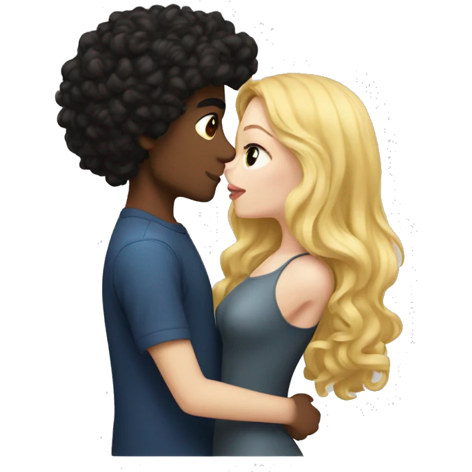 A blonde girl with pale skin kisses a light-skinned brown guy with curly black hair emoji
