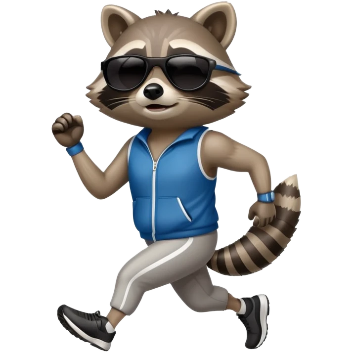 friendly anthropomorphised raccoon in sports wear, wearing dark sunglasses, jogging upright, mafia style emoji