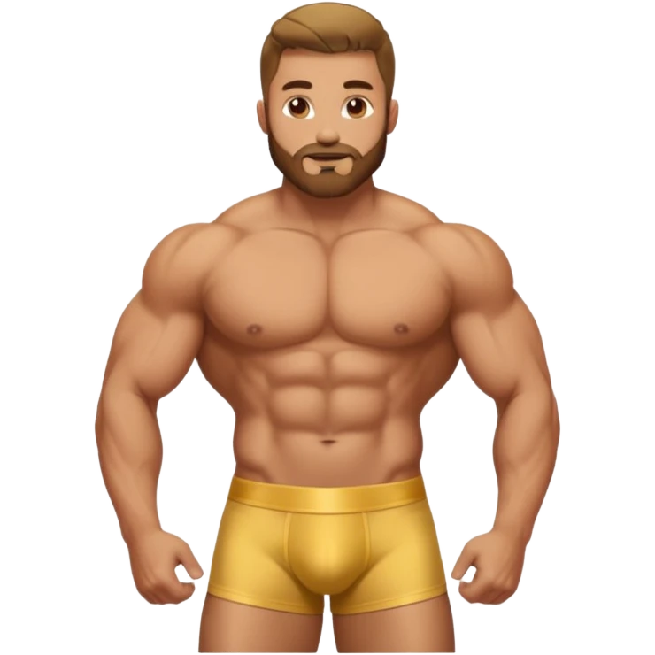 Gold statue of bodybuilder man, stubble beard, low fade haircut, shirtless wear golden brief box underpants emoji