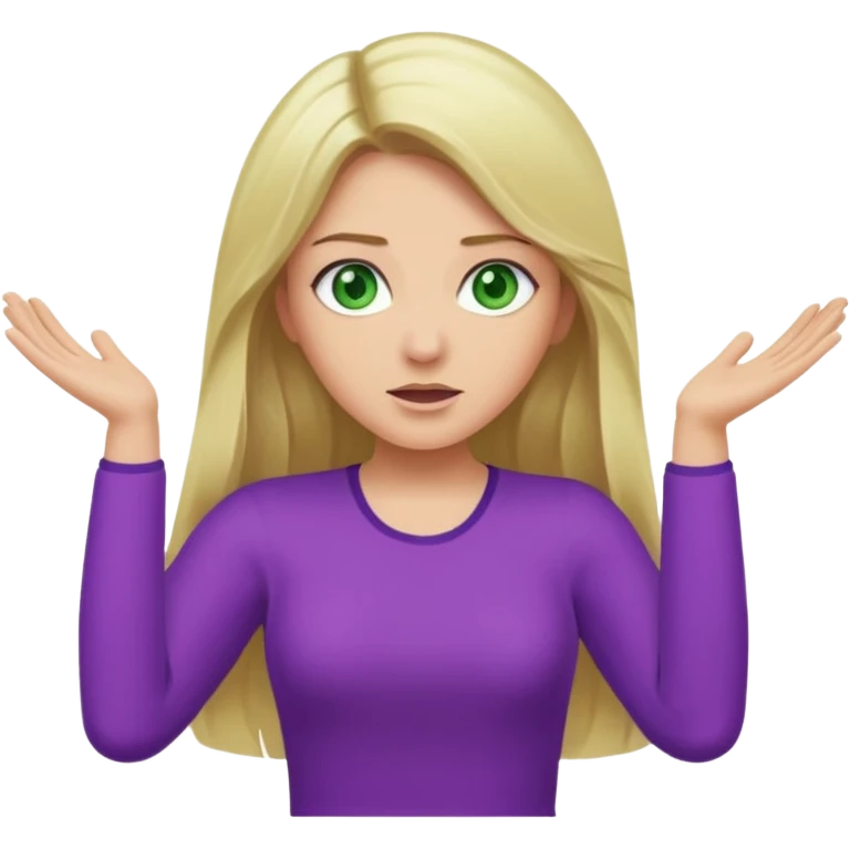 lady with long blonde hair, green eyes and purple top throwing arms in the as if confused emoji