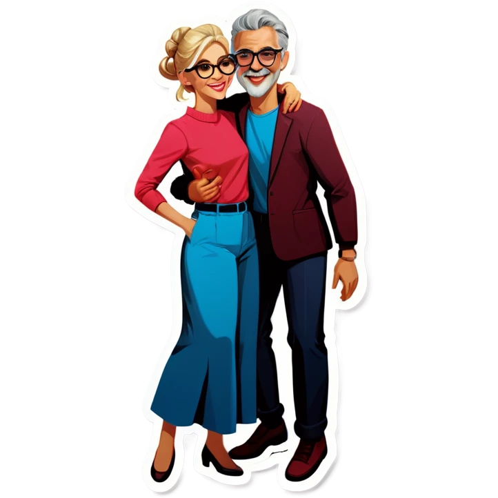 Hyper Realistic Couple in love,  dancing lady blonde wearing glasses man grey hair clean shaven
 emoji