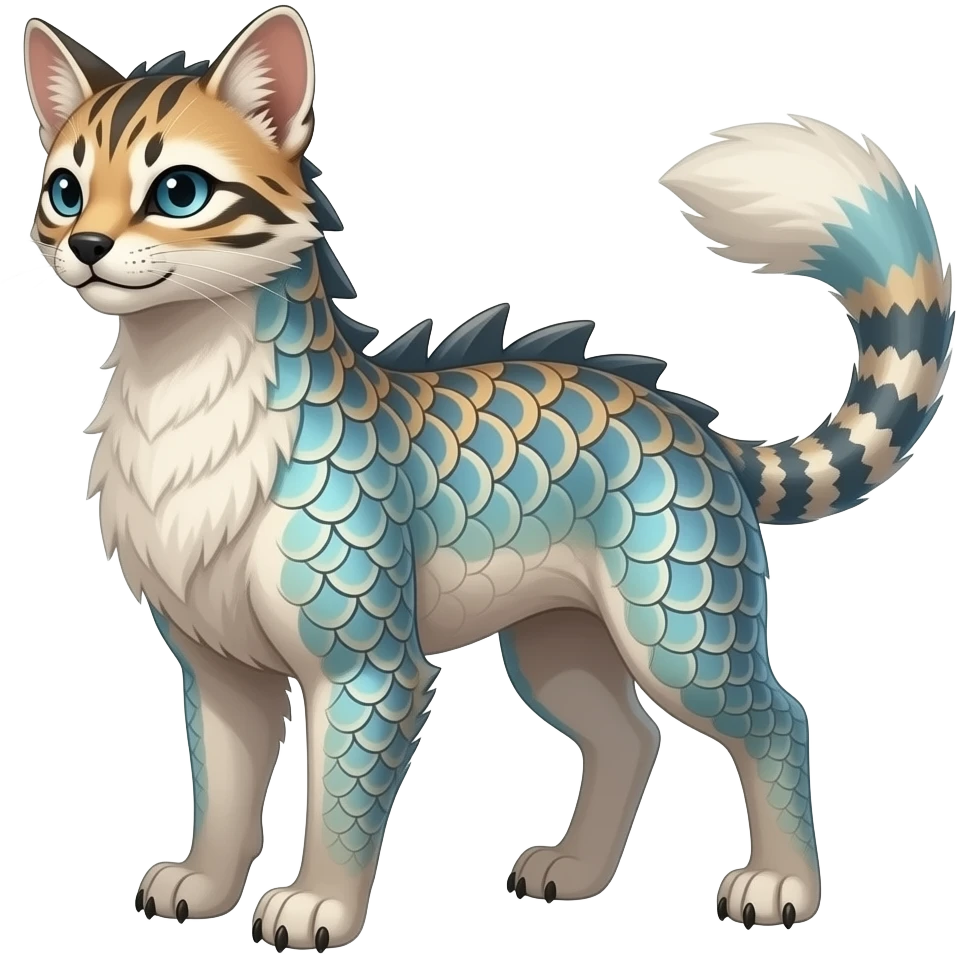 unique-patterned finned stylish antique aesthetic quadrupedal fuzzy fury scaly feral fantasy-Civet-Luxray-Corsola-Amaura-Aurorus-Primarina-Vaporeon-Milotic-Furret-Fakémon-fusion-hybrid-creature emoji
