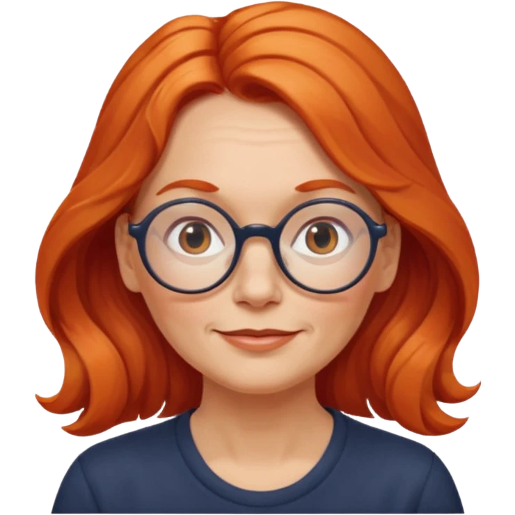 middle-aged woman from Norway, long wavy orange-red hair tied loosely to the left, large round glasses, gentle expression emoji