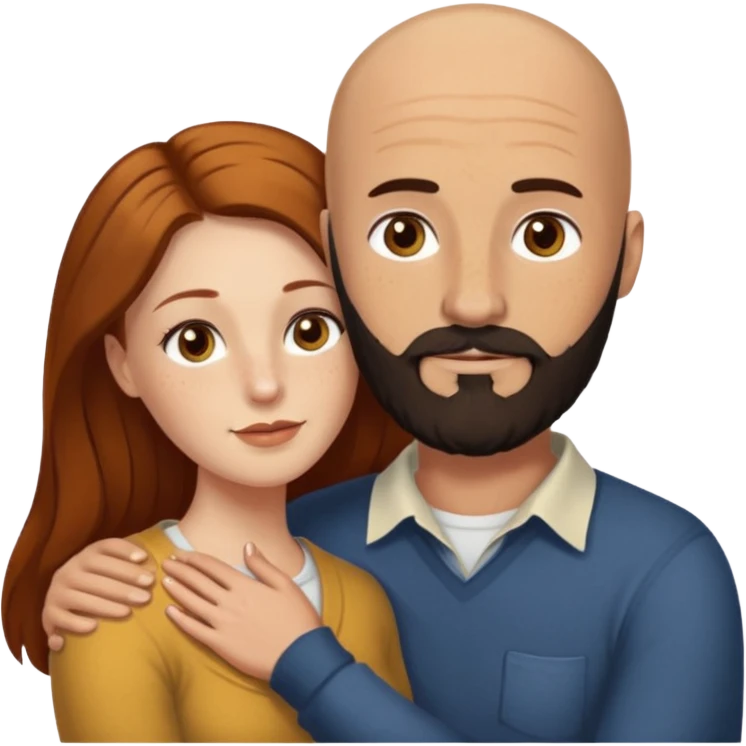 Couple. Bald man with dark brown-black beard. White woman with many small, faded freckles, she has white skin and she has auburn-yellow-brown-cinnamon, dark long hair. She has light brown eyes. The man have hazel eyes. Retro style. They hug. emoji
