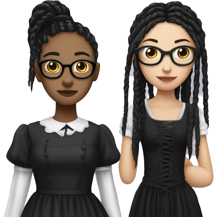 An emoji of a girl with long black braids, round glasses, and a gothic dress, standing next to her mother dressed in the same gothic style emoji