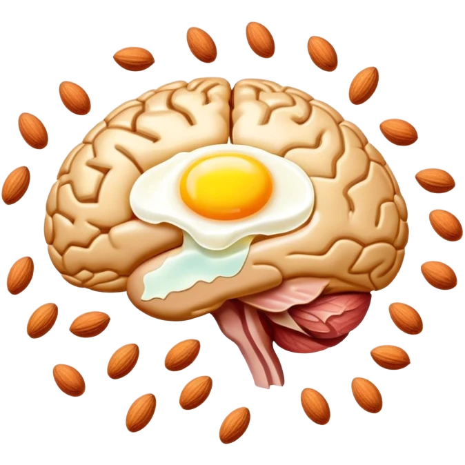 Glowing brain near a shimmering liver, with choline-rich foods floating around them: eggs with bright yellow yolks, clusters of almonds, cuts of lean meat, and dairy products. Golden connections flow between the foods and organs, showing the pathway of this essential nutrient. emoji