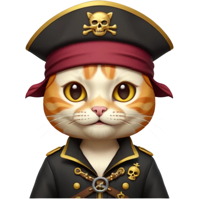 Premium 3D emoji icon of a cute ginger cat pirate, wearing a **burgundy red** pirate hat with a gold skull icon, and a black and gold captain's jacket. Glossy finish, claymorphism style, soft studio lighting, isolated on white background, 8k resolution, stylized professional look --v 6.0 emoji