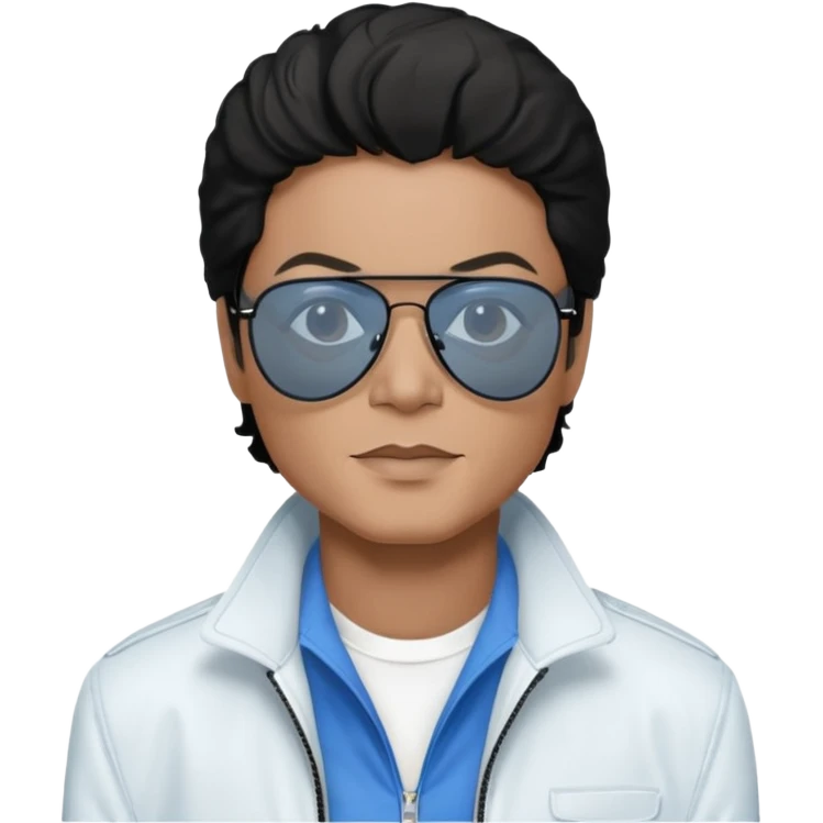 Michael Jackson is white, wearing completely black smokey Ray-Ban glasses, a white jacket, and a blue shirt. emoji