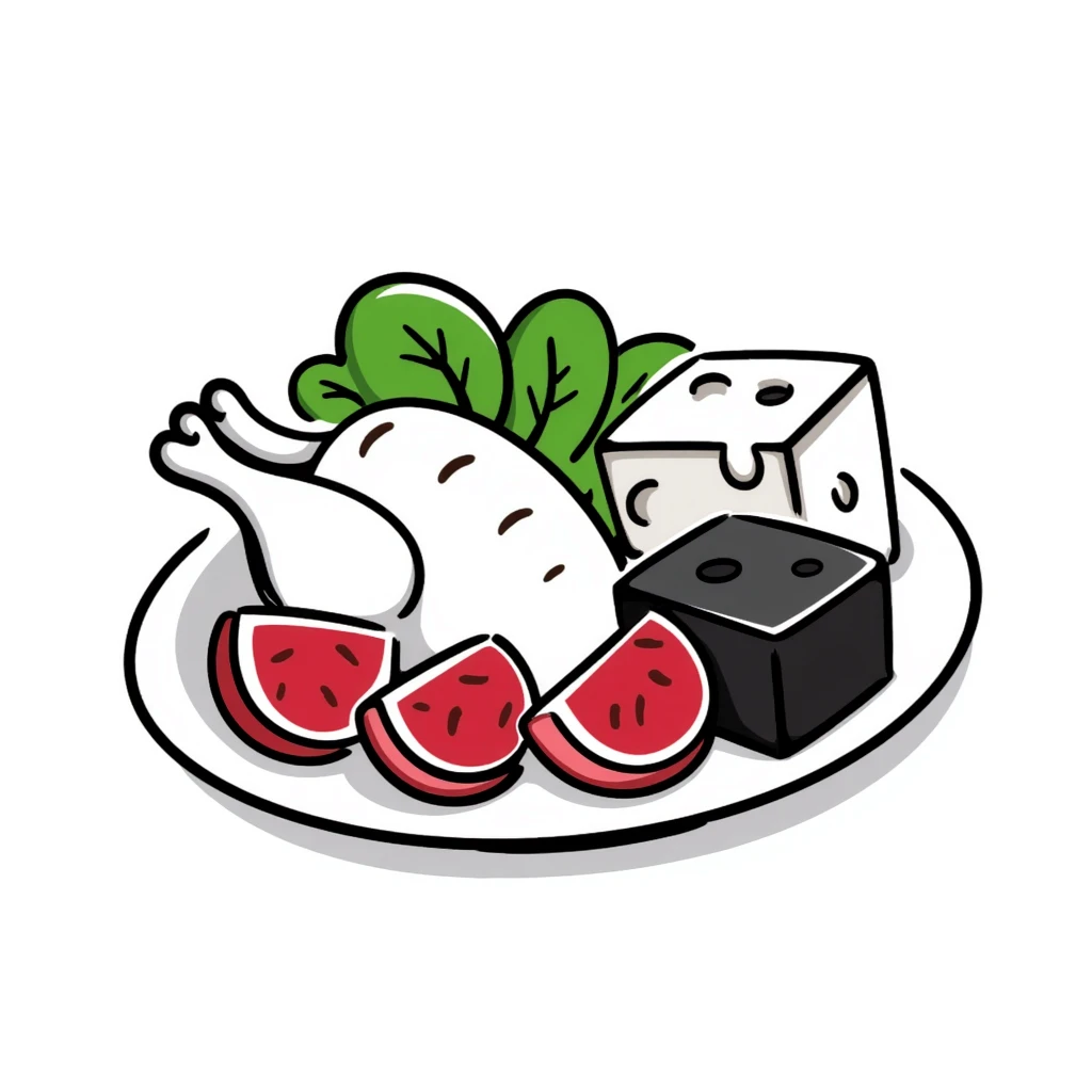 A plate with red meat, chicken, spinach, and cheese arranged together. emoji