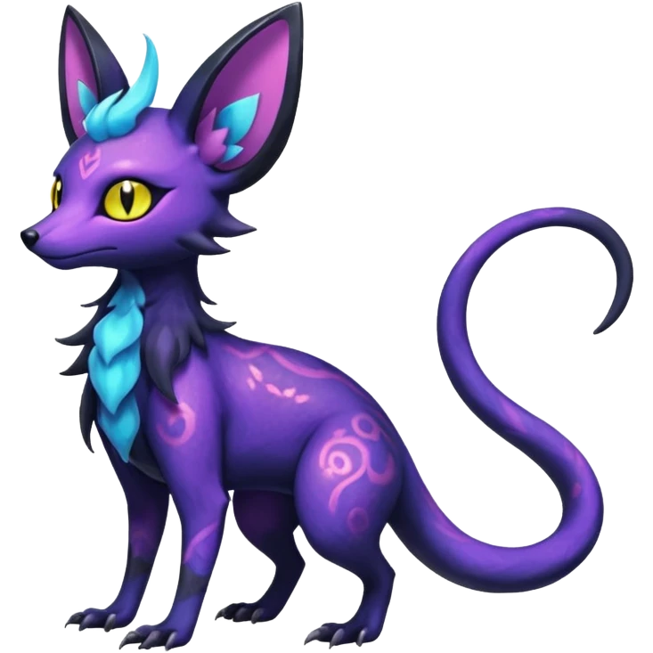 Rare epic aesthetic iridescent spooky gloomy colorful Salandit-Zorua-Espeon-Genet-species-Fakemon-hybrid-creature, with markings, full body emoji