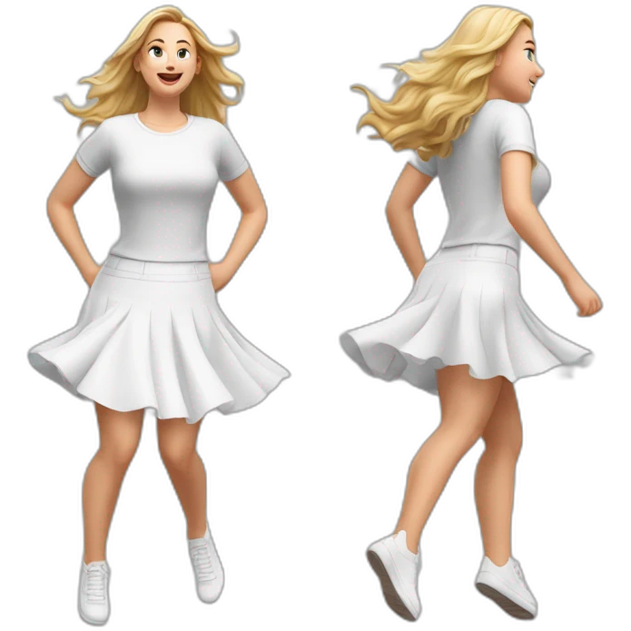 Hyperrealistic Full body Caucasian curvy beauty jumping short white skirt back and front views strong wind emoji