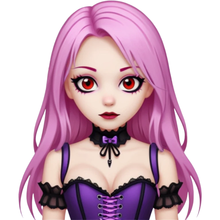pretty scary girl, long straight LIGHT pink HAIR,SCARY RED eyes, black eyeliner, pale skin, purple corset clothes with laces emoji