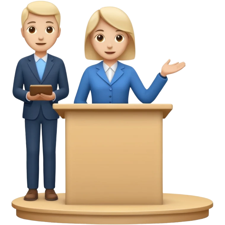 A minimal flat emoji-style icon of a person giving a presentation, standing behind a simple podium, front-facing, clean vector style, rounded shapes, no facial details, solid single color, white background, modern startup pitch deck icon emoji