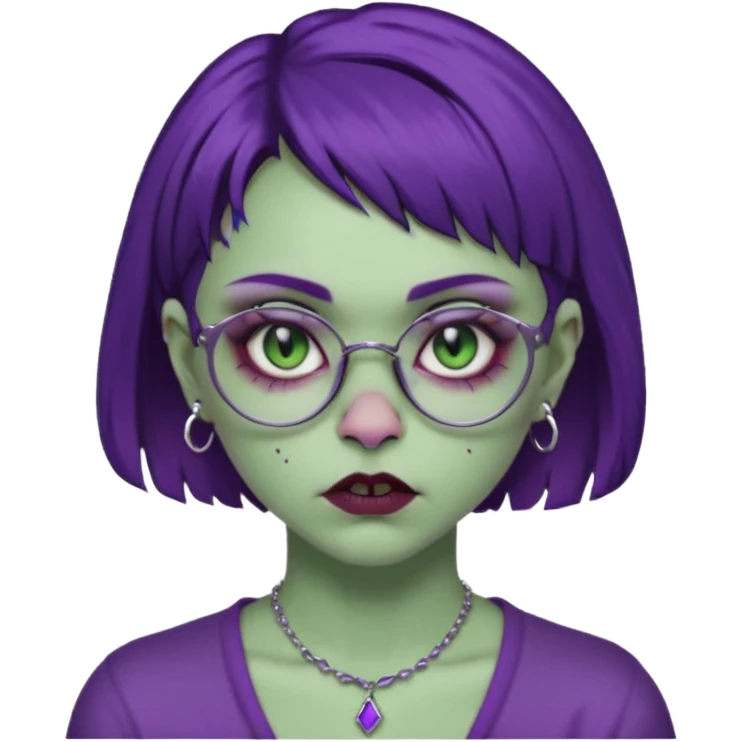 Una mujer zombie con perforacion en la nariz y perforación Madonna, lentes tipo ojo de gato, fleco pequeño y cabello largo morado oscuro  emoji