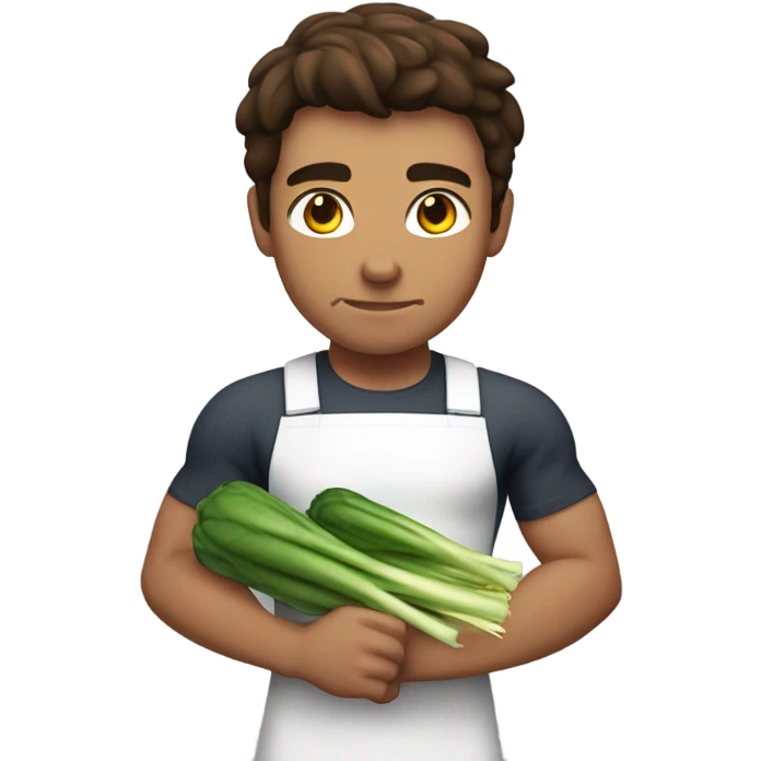attractive muscular brunette young man using a chopping vegetables emoji