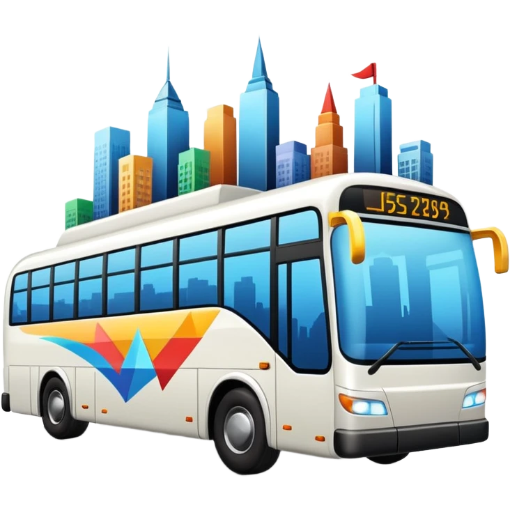 sleek bus from a 45-degree angle with three arrows leading to city symbols, no skyline, colorful emoji