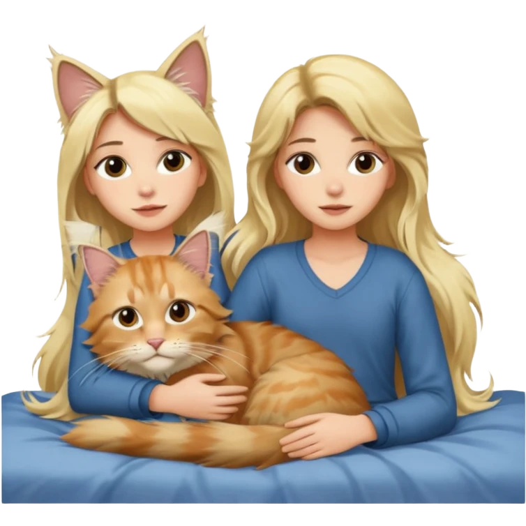 A blonde girl lying down on her bed with a Maine coon cat sitting on her chest looking at her emoji