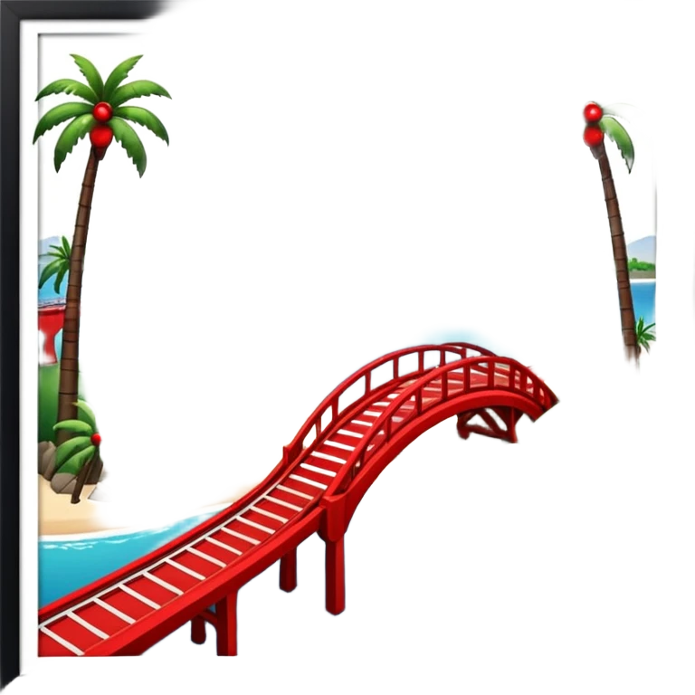 advanced modern island with advanced infrastructure, parks, contemporary architecture, beaches with palm trees, and with a red bridge on one side emoji