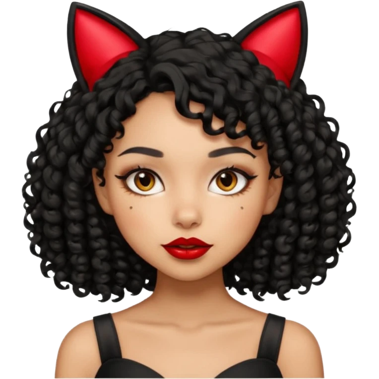 lightskin girl with black curly hair, red lipstick, black cat ears emoji