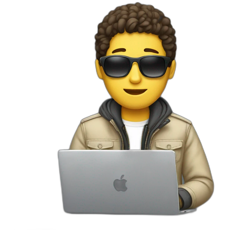 A boy wear a jacket and have sunglasses and white face and with laptop emoji