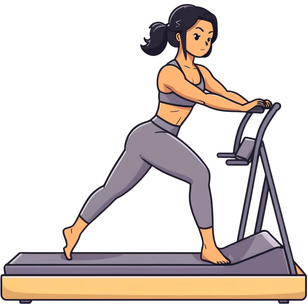 woman with tanned skin, long black hair, wearing a sports bra, doing Pilates on a reformer machine emoji