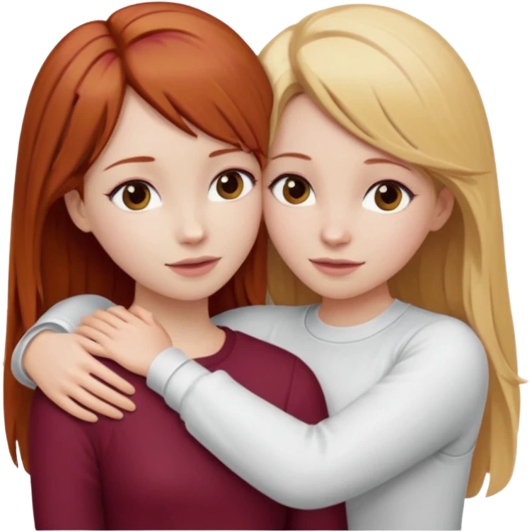 two girls who hug eachother. one has auburn hair with blonde highlights and very pale skin and is wearing white outfit, other has medium-fair skin and blonde hair and is wearing a burgundy outfit emoji