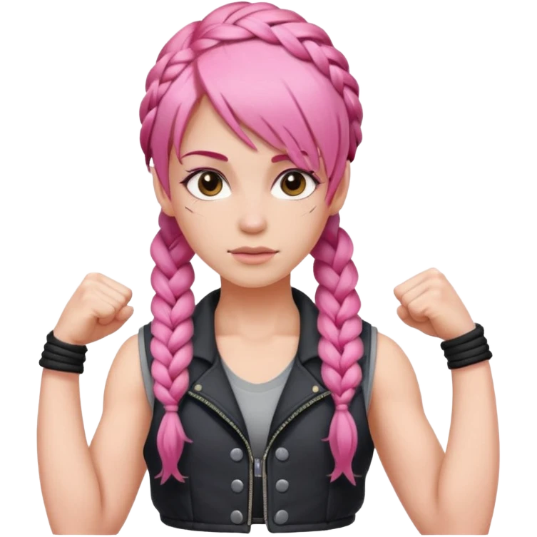Woman with braided pink hair with an asymmetrical bang, wearing a sleeveless vest and flexing emoji