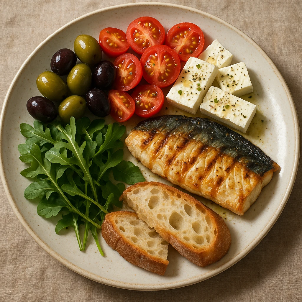 realistic illustration of a colorful Mediterranean meal plate with olives, tomatoes, feta cheese, grilled fish, bread, and fresh greens emoji
