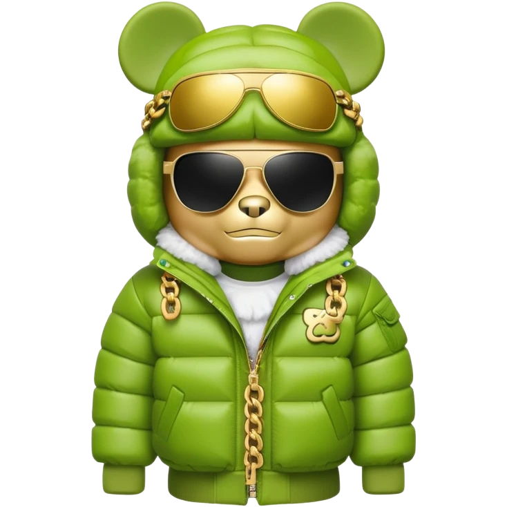 classic bearbrick in lime mask with graffiti tags, wearing sleek one-piece solid sunglasses visor spanning full width of face, oversized puffy jacket with plush fur trim, stacked gold chains, high fashion look emoji