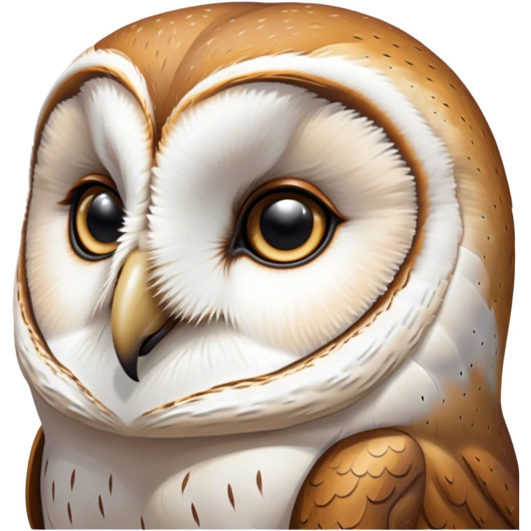Cinematic Deep Thought Barn Owl Portrait Emoji, Head held high with a serene, contemplative gaze, showcasing its beautifully patterned plumage of white and brown, with eyes deeply focused as if pondering ancient secrets, Simplified yet majestically refined features, highly detailed, glowing with a soft, introspective light, high shine, poised and pensive, stylized with an air of profound wisdom, capturing the essence of an owl immersed in deep thought, so thoughtful it feels like it could silently whisper timeless wisdom from beyond the screen! emoji