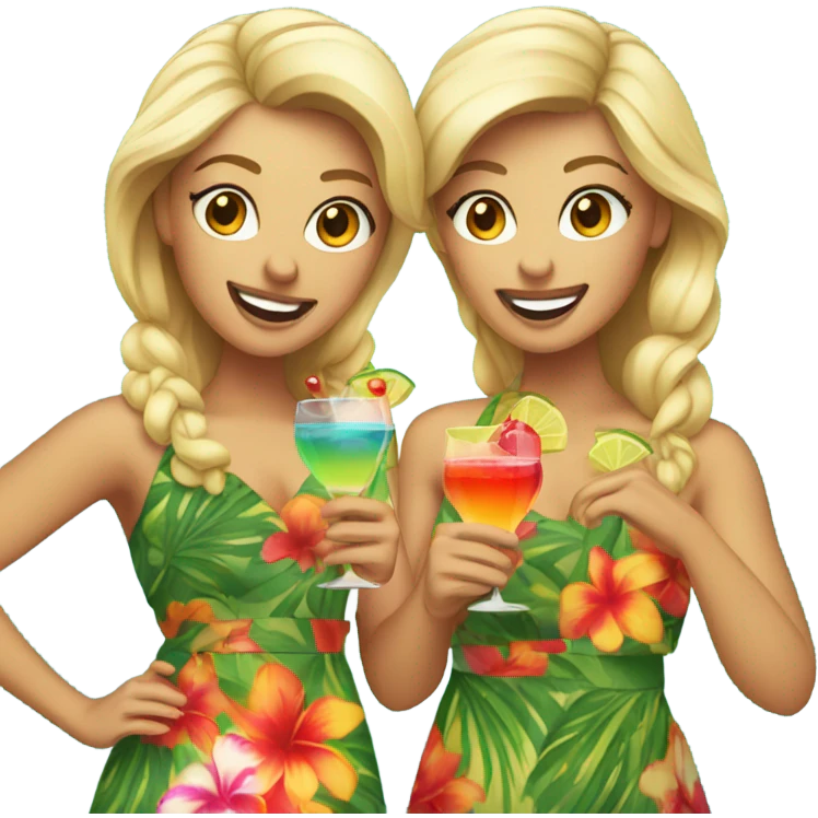 Two dancing blondes in Hawaiian clothes and cocktails emoji