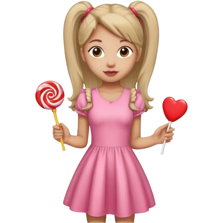 Girl with long dark ponytails wearing light pink body dress holding a lollipop emoji