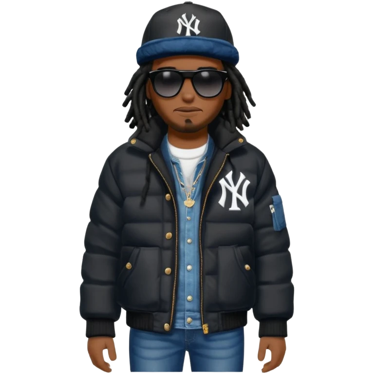 African American man brown skin complexion with black dreadlocks shoulder length wearing black bubble winter coat wearing black sunglasses wearing a New York Yankees fitted baseball hat and a black winter bubble coat with denim skinny jeans and timberland boots emoji