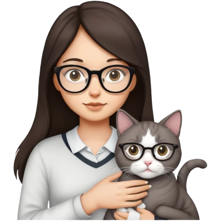 a girl with glasses, long dark brown hair, light skin, with one grey cat and one white cat emoji