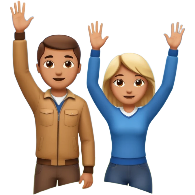 A 3D cartoon couple on top of a hill raising hands in victory, sunny sky and nature background, Memoji-style. emoji