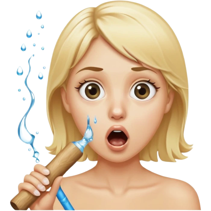 blond woman with wide eyes, holding a wide skin-colored stick with a round knob, both matching her skin tone, water squirting from the knob into her mouth, shocked face emoji